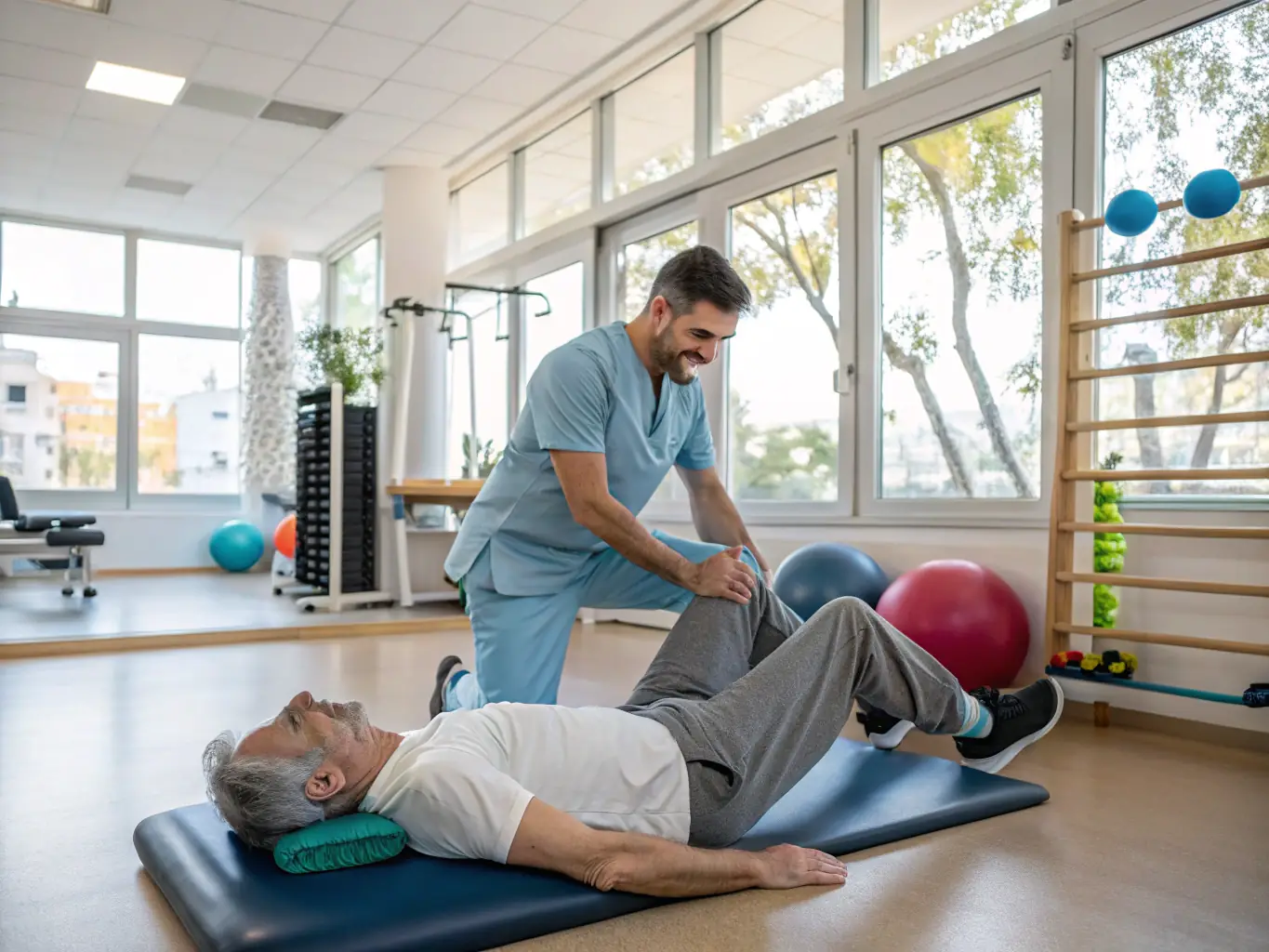 A physiotherapist assisting a patient with personalized rehabilitation exercises, focusing on improving mobility and strength in a modern clinic setting.