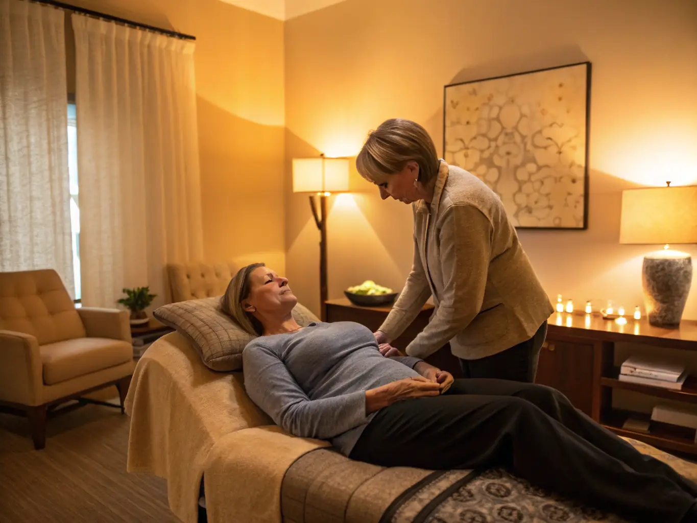 A patient receiving chronic pain management treatment, such as acupuncture or massage therapy, in a serene and comfortable environment.