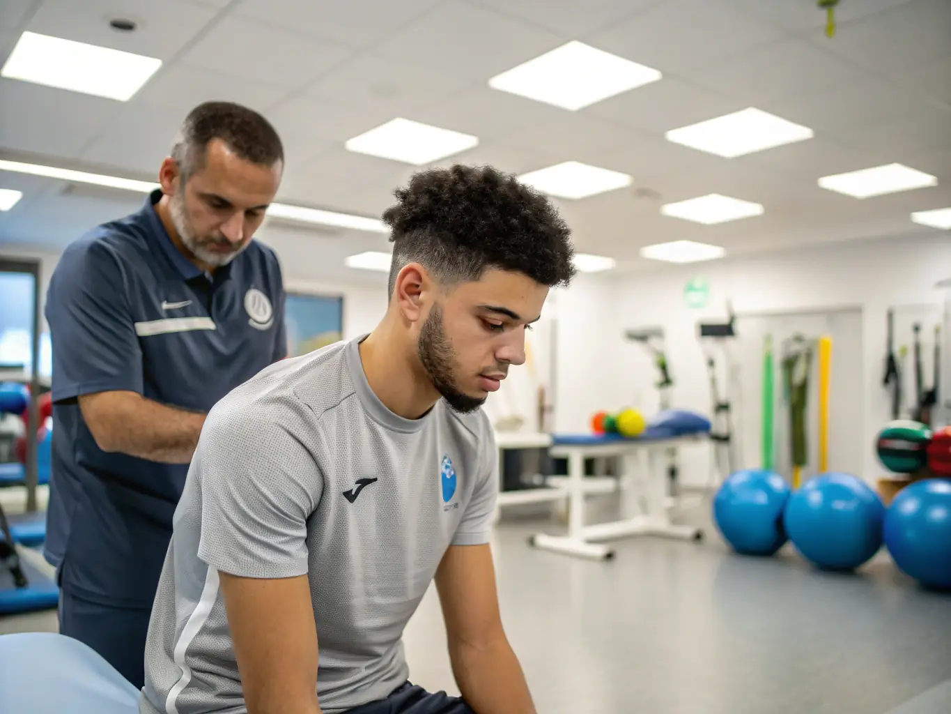 An athlete undergoing sports injury rehabilitation with a physiotherapist, focusing on regaining strength and mobility to return to their sport.